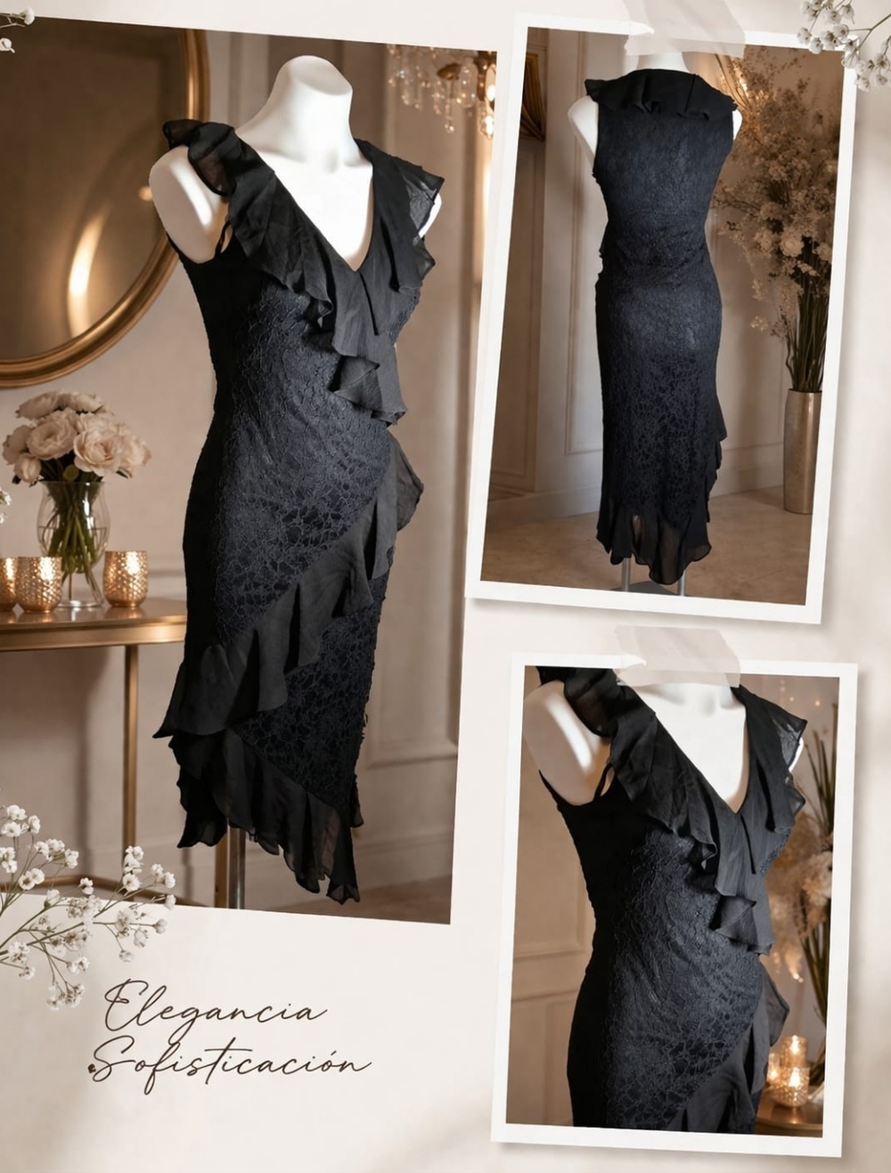 Tommy Hilfiger Black Ruffle Lace Midi Dress